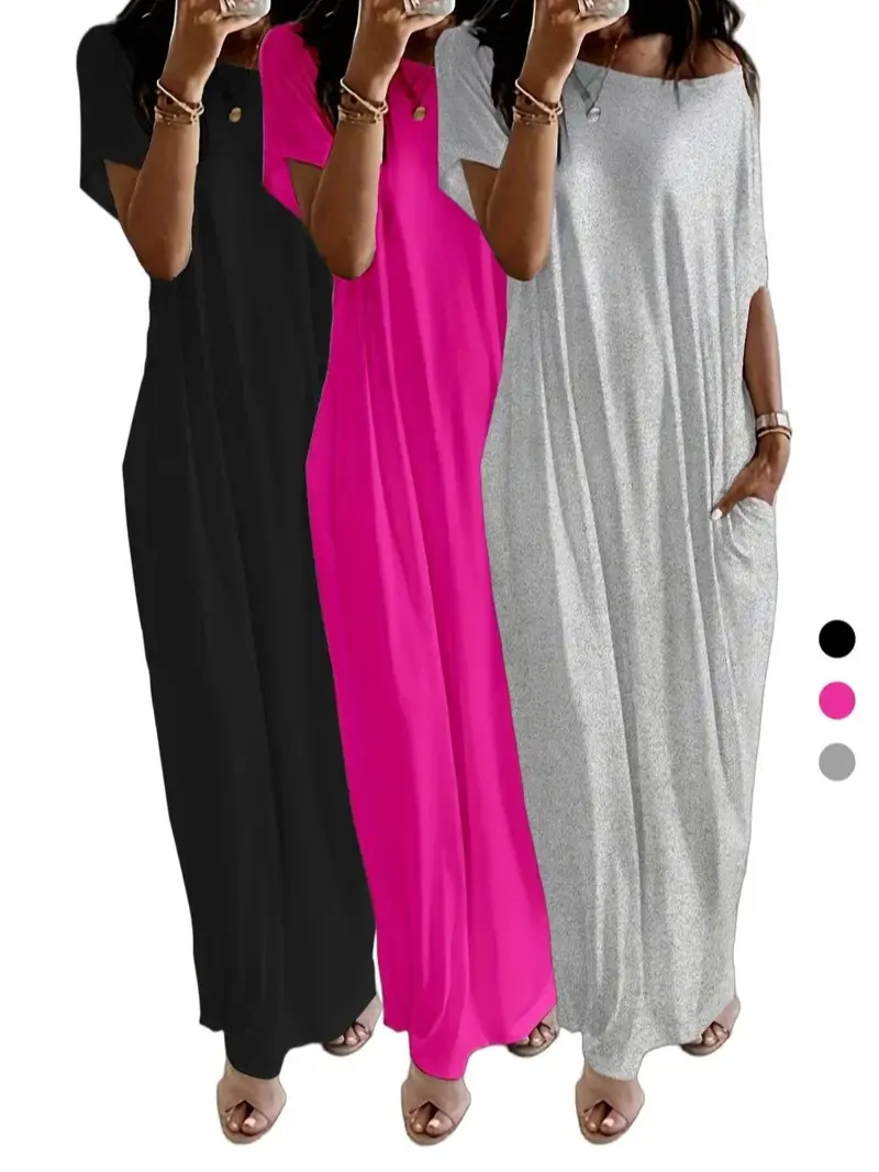 Women's Short Sleeve Casual Loose-Fit Oversized Non-Bulky Multi-Size Maxi Dress - Split Sundress for Vacation, Beach Outfits, Women's Clothes, Sundress For Women