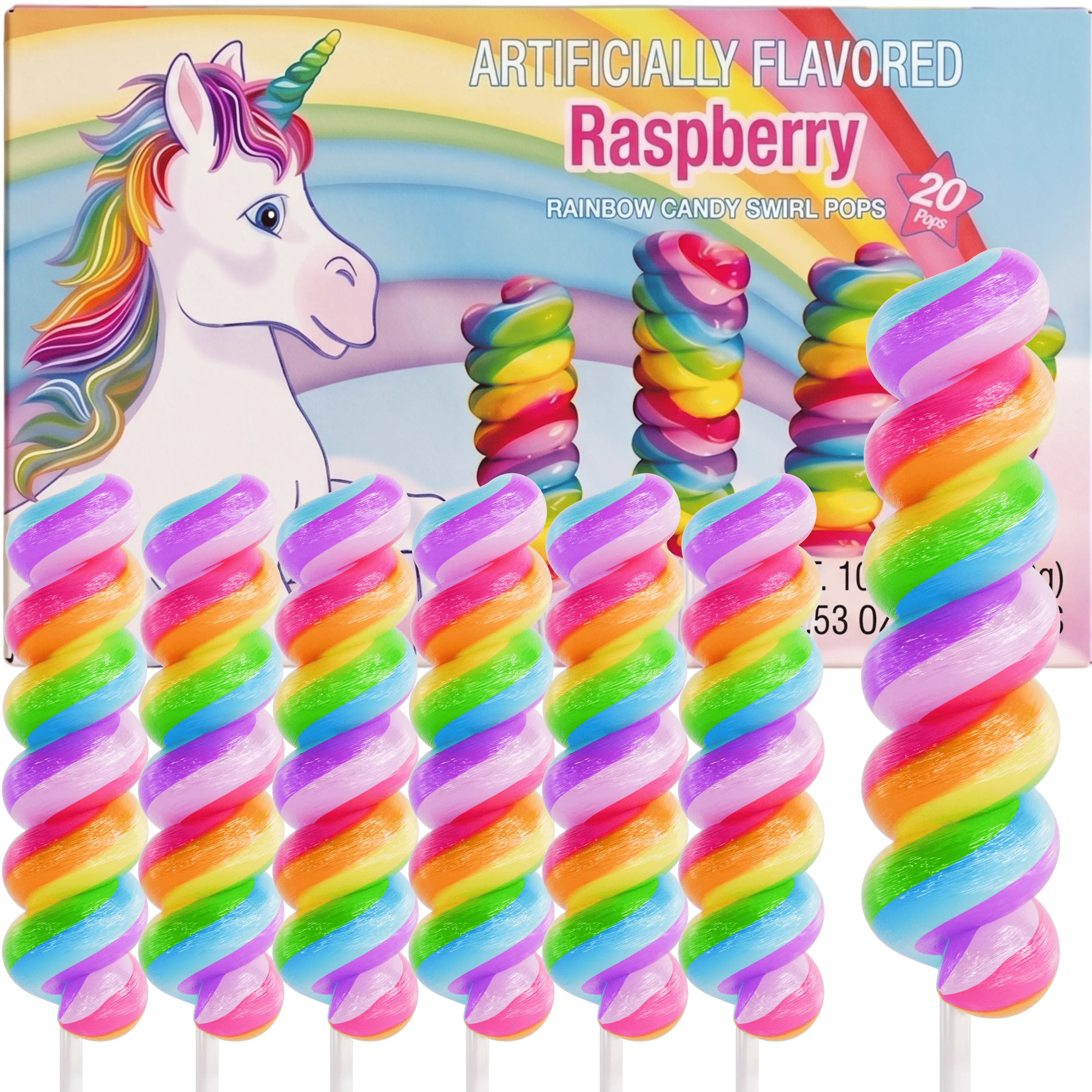 Unicorn Lollipops Individually Wrapped 20pk Rainbow Candy for Unicorn Party Favors & Birthday Decorations Raspberry Flavor