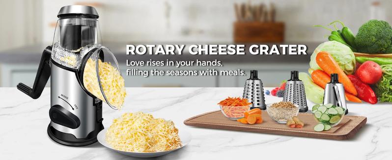 Upgraded Version Joined Rotary Cheese Grater with Handle Vegetable Cheese Shredder Slicer Grater for Kitchen 3 Changeable Blades for Cheese Potato Zucchini Nuts Chocolate Utensils Rotary Hand