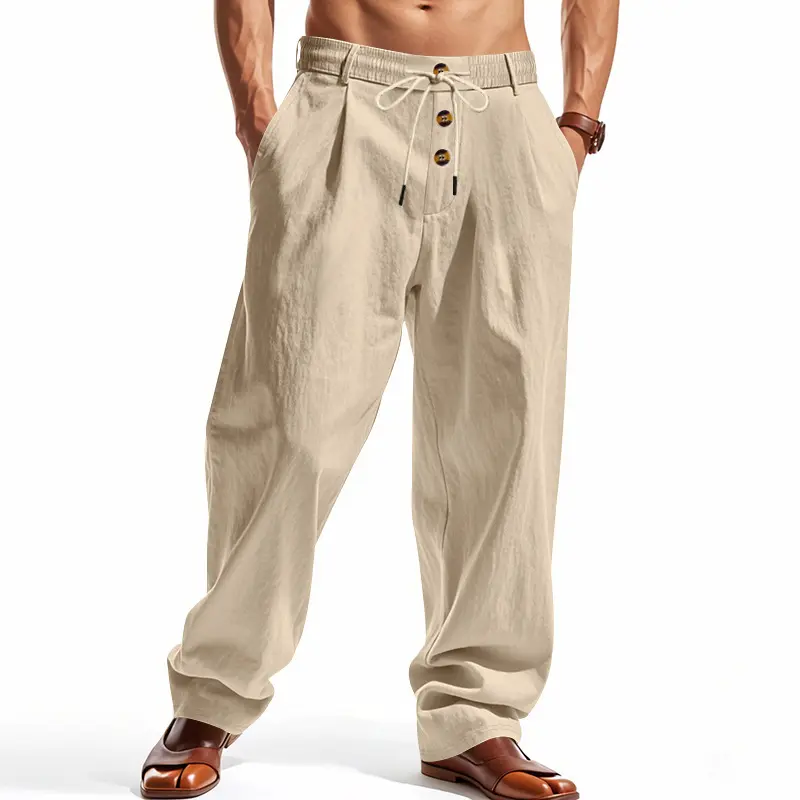 Summer washable crinkled linen men’s wide-leg casual pants, front three-button design + external drawstring half elastic waistband, pleated front, loose straight cut, side pockets—suitable for commuting, beach, and vacation.