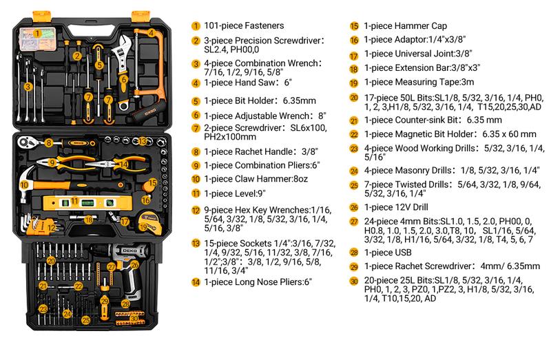 Tool Kit Box Drill Set: DEKOPRO 12V Cordless Drill and Home Mechanic Tool Set, 1.5Ah rechargeable Lithium-ion battery, 238 pcs tool kit, ALL IN ONE Toolbox with Hand Tools for Home Repairs, DIY Projects, and Mechanic Work Sturdy Drawer for Men Springtok Tool Kit Box Drill Set: DEKOPRO 12V Cordless Drill and Home Mechanic Tool Set, 1.5Ah rechargeable Lithium-ion battery, 238 pcs tool kit, ALL IN ONE Toolbox with Hand Tools for Home Repairs, DIY Projects, and Mechanic Work Sturdy Drawer for Men Springtok