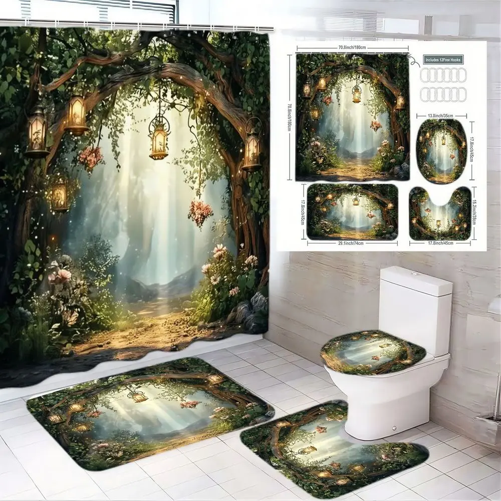 Enchanted Forest Decorative Shower Curtain Set, Path Trees Lanterns Flowers Design, Rectangular & Oval Bath Mats, Fairy Tale Bathroom Decor And Accessories
