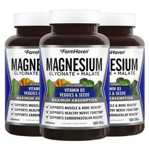 FarmHaven Magnesium Glycinate & Malate Complex w/ Vitamin D3, 100% Chelated for Max Absorption, Vegan – Bone Health, Nerves, Muscles, 360 Capsules, 180 Days Supplement Fitness Dietary Healthcare Edible Healthy Calcium
