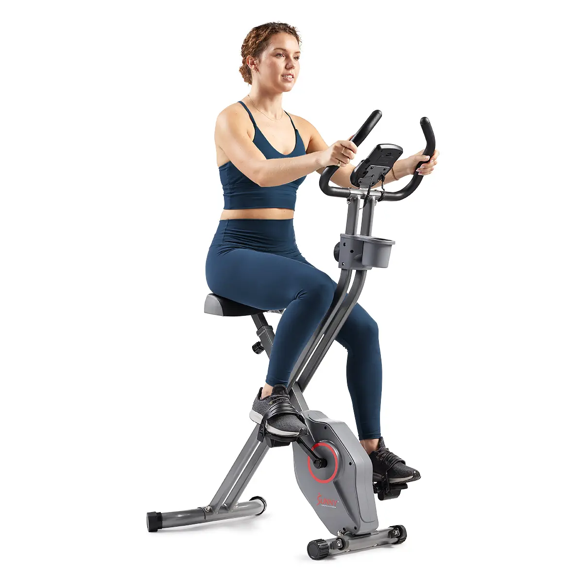SUNNY Foldable Upright Exercise Bike Home Gym Workout Fitness Compact Space Saving X Bike with 14 Adjustable Magnetic Resistance Levels Performance Monitor Pulse Sensors Low Impact Cardio Indoor Cycling Bike 300 lbs Capacity for Home Workout