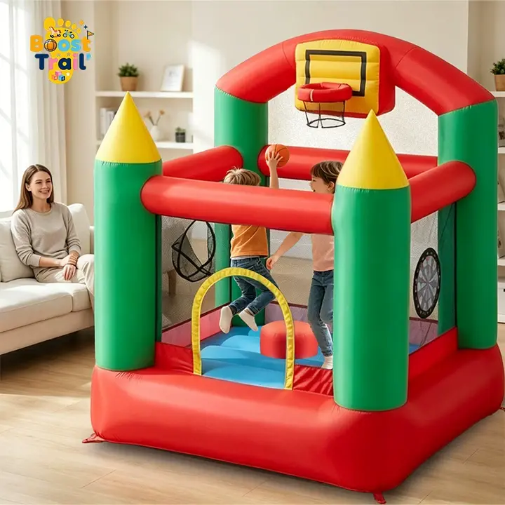 Boost Trail Unisex Inflatable Bouncy House with Blower - Playground Equipment for Kids, Includes Basketball Hoop, Trampoline, Ball Toss, Darts, Back Projector Screen for Indoor-Outdoor Use, Sports, Multi-Games