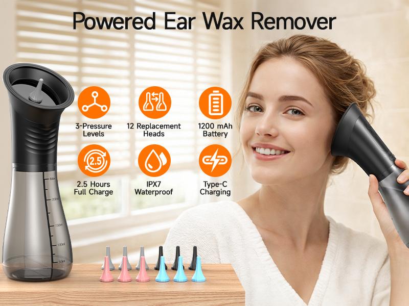 Renergy Electric Ear Wax Removal Kit with LED Display, Powered Ear Wax Remover, Dual Clean & Waste Tank, Water Ear Cleaner & Ear Cleaning Kit, Ear Irrigation Flushing System, 3 Modes, 12 Nozzles, IP67