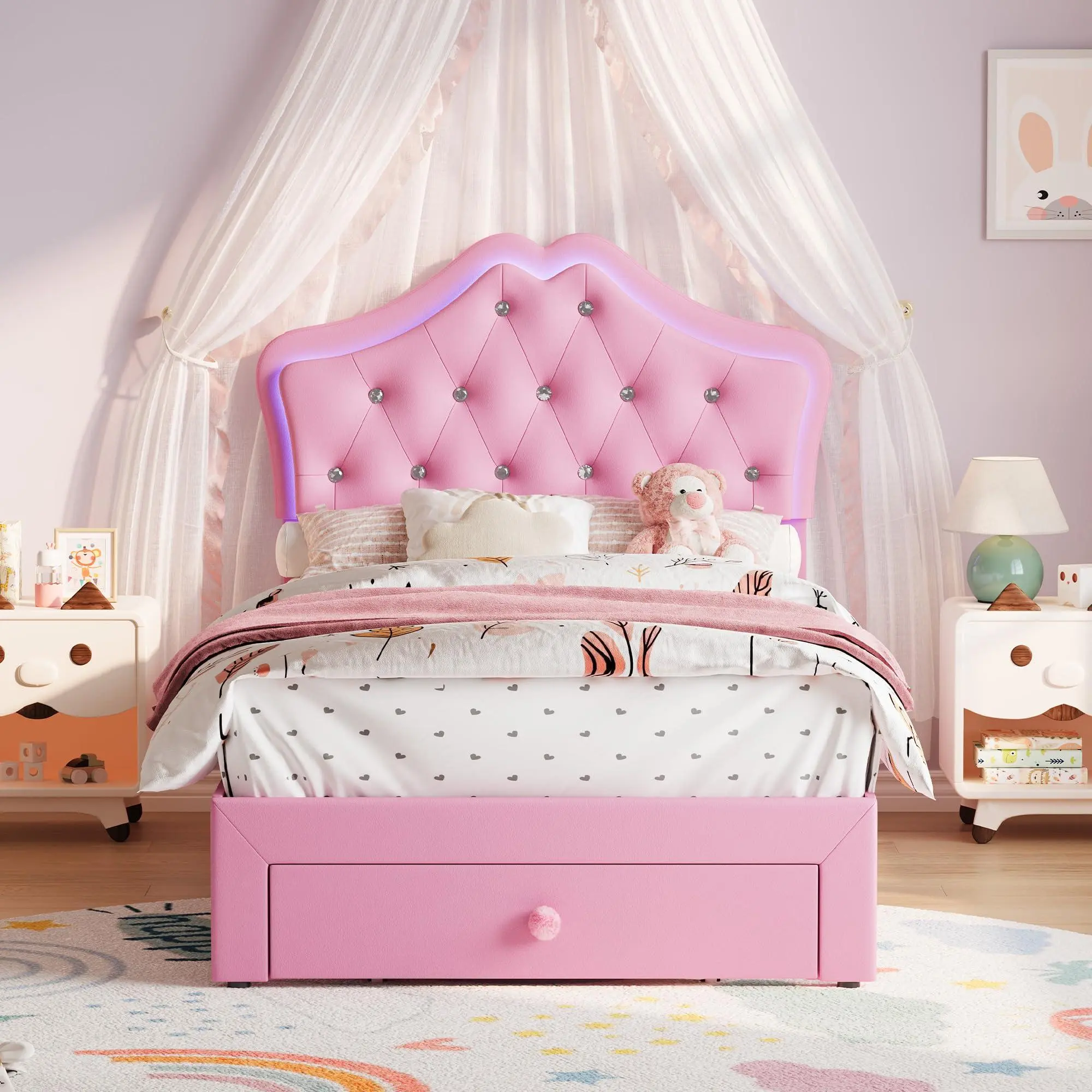 Twin Bed Frame with LED Lights, Upholstered Platform Bed with Storage Drawer & Crystal Tufted Headboard for Kids,dorm essentials,home decor