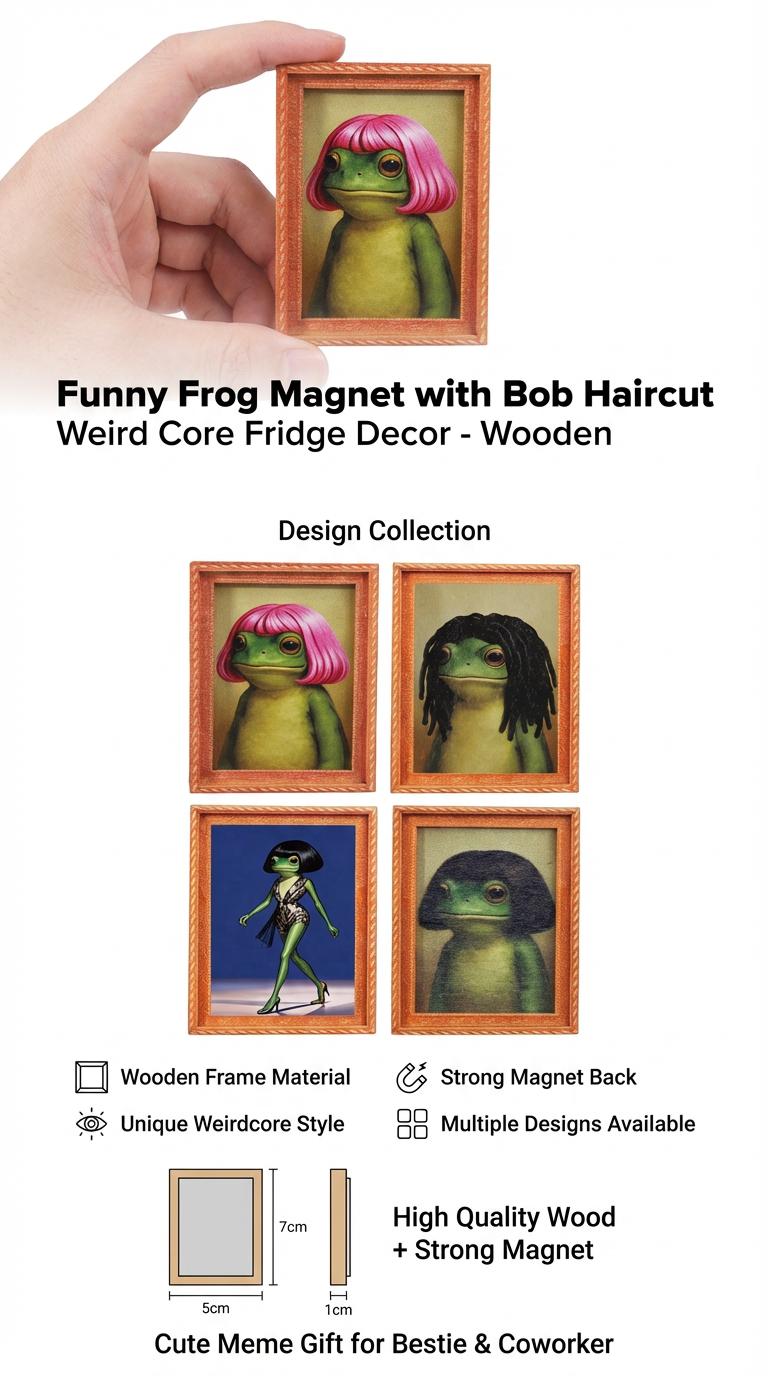 Funny Frog Magnet with Bob Haircut - Weird Core Fridge Decor - Cute Meme Gift for Bestie & Coworker Wooden Sass Sign