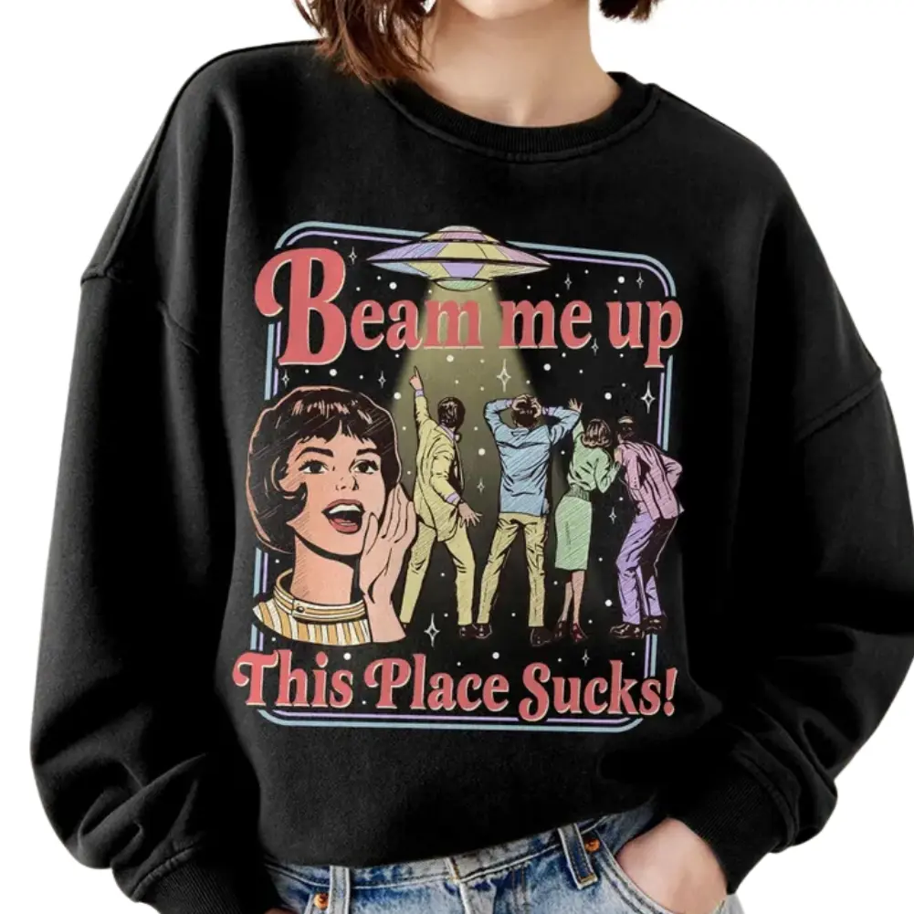 Unisex Retro UFO Graphic Crewneck Sweatshirt - Soft 60s Style Alien Pullover, Unisex Cut Suits Many Body Types, Relaxed Fit for Casual Wear, Vivid Graphics Stay True to Color, UFO Joke Pops, Trendy Sweatshirts, Soft Fabric