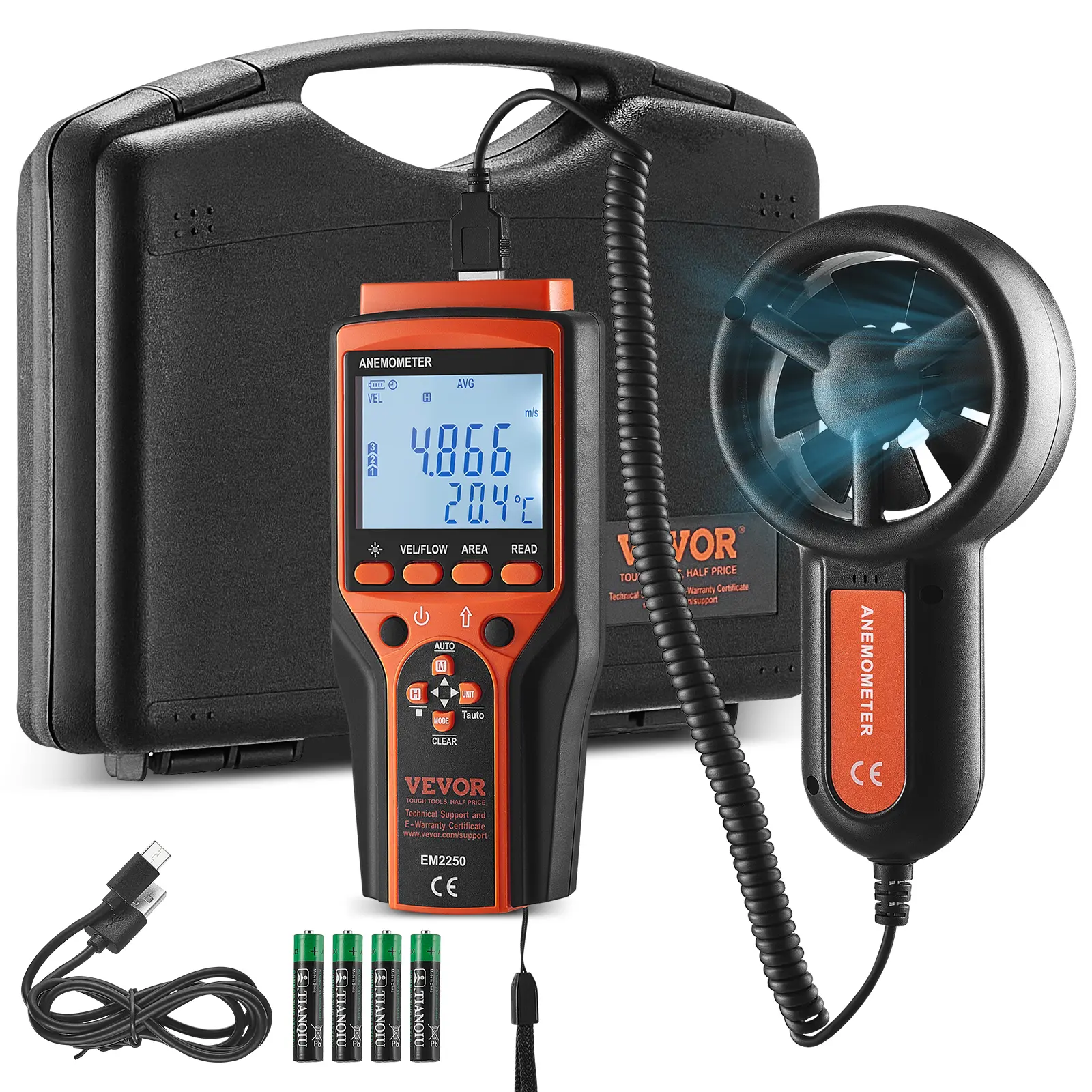 VEVOR Portable Split Digital Anemometer with LED Screen, 14℉-140℉ Temp Range, 0-100.8mph Wind Velocity, Wind Chill Measurement, USB, Lanyard, Tool Box, Data Management for Agriculturists, Outdoor Activities
