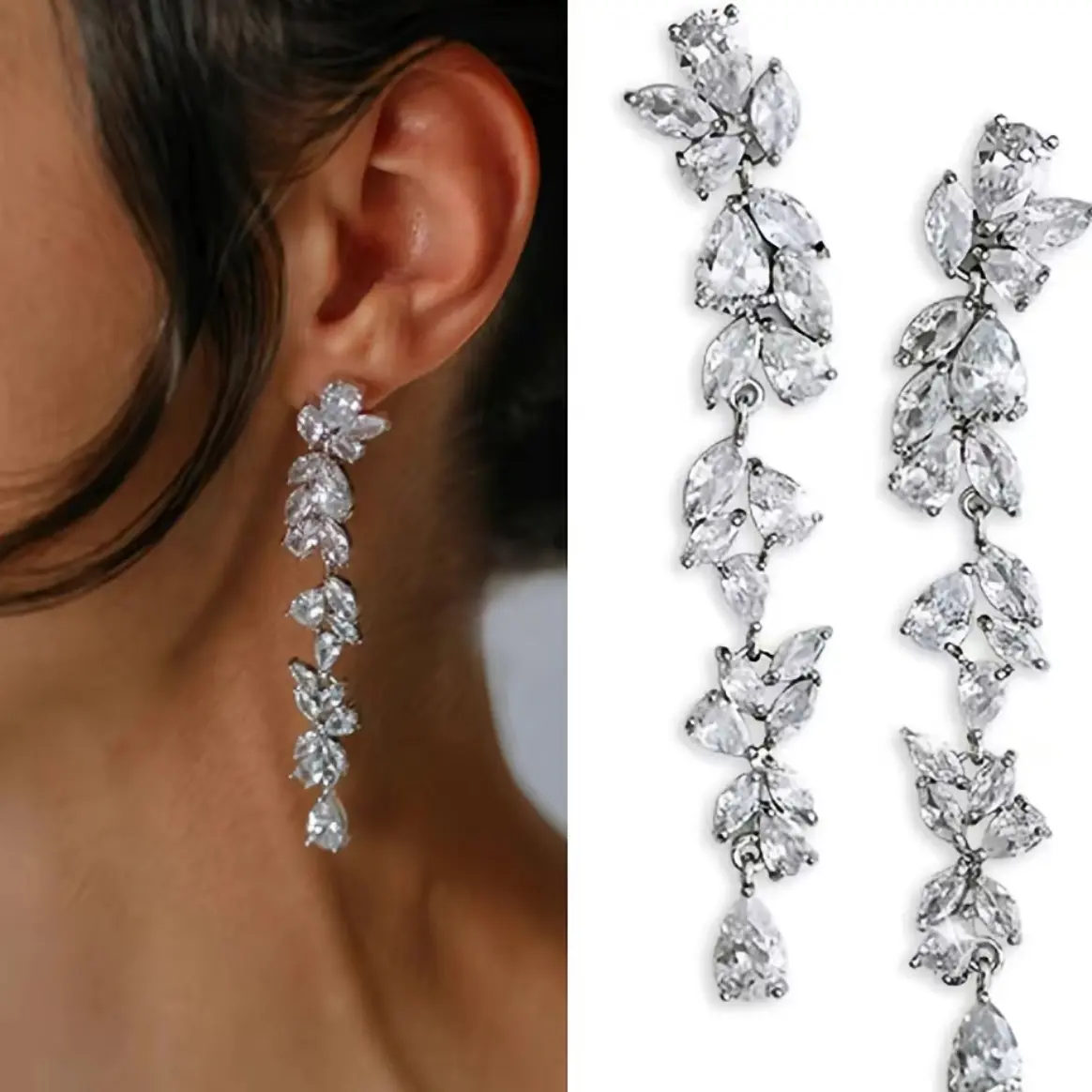 Women's Luxury Leaf Shape Marquise Cubic Zirconia Chandelier Drop Earrings - Female Silver-Plated Hypoallergenic Set, Sparkling Long Dangles, Bridal Chic Jewelry for Wedding, Evening Party Gifting