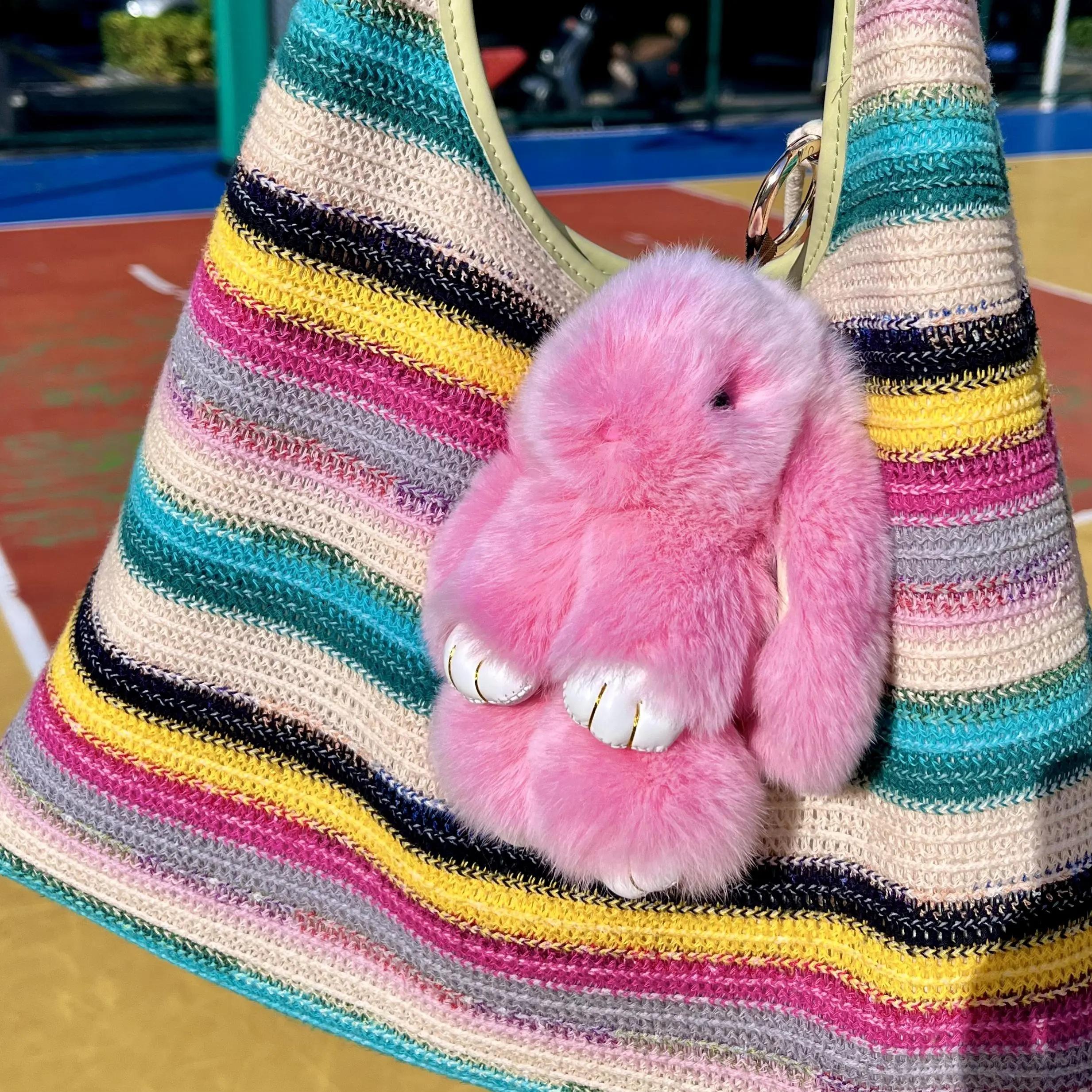 Handmade Fluffy Bunny PomPom Keychain with Designed Tin Box, – Cute Eater Basket Gift, 5.12 inches,Travel Accessory & Birthday Present for Girls & Women