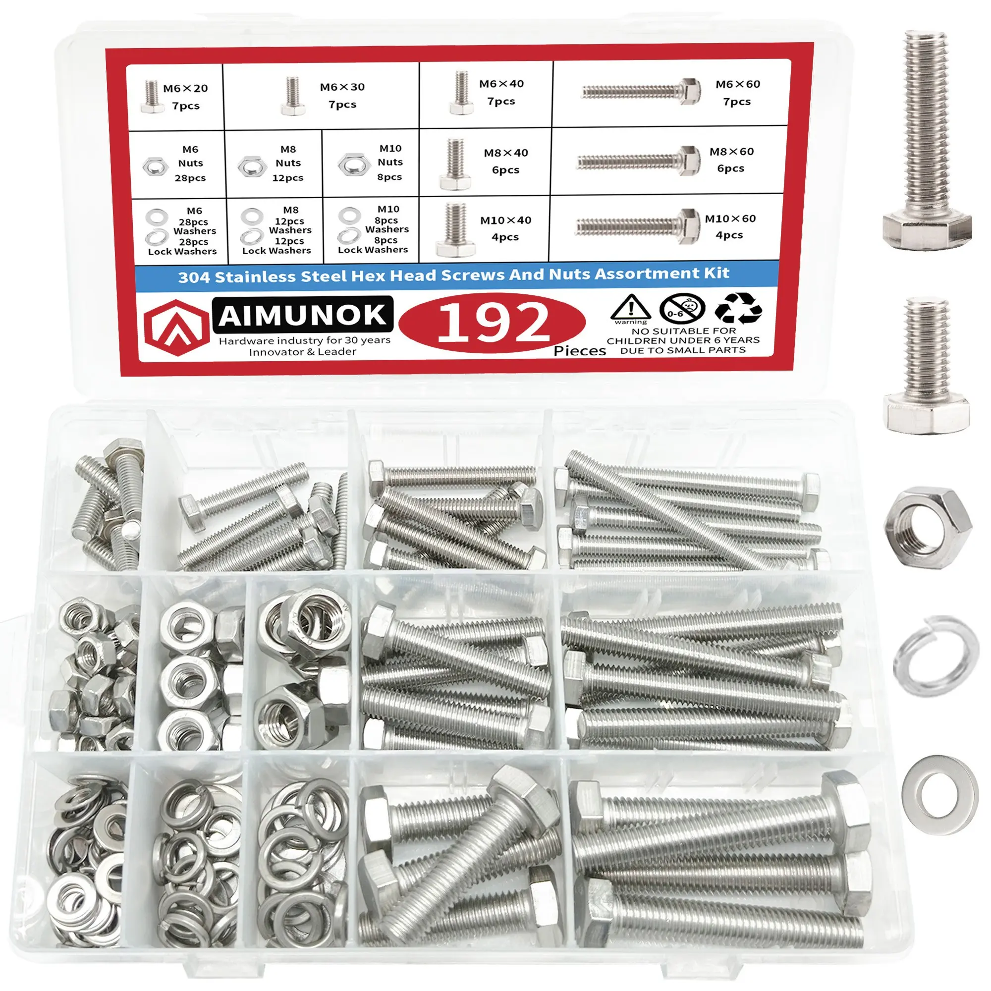 Aimunok 304 Hex Bolt Set, Multi-Specification Combo Kit, Corrosion-Resistant, High Strength, Rust-Proof, Industrial Grade Fasteners, Hexagon Head Fastener Kit, External Hex Bolt and Nut Set, Stainless Steel Bolts And Nuts Kit