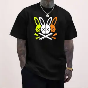 Unique Rabbit Skull Pattern Men's Casual T-Shirt Round Neck Short Sleeve Stretch Fabric Slim Fit Pure Cotton Top Suitable for Outdoor Wear Large Size Classic Menswear
