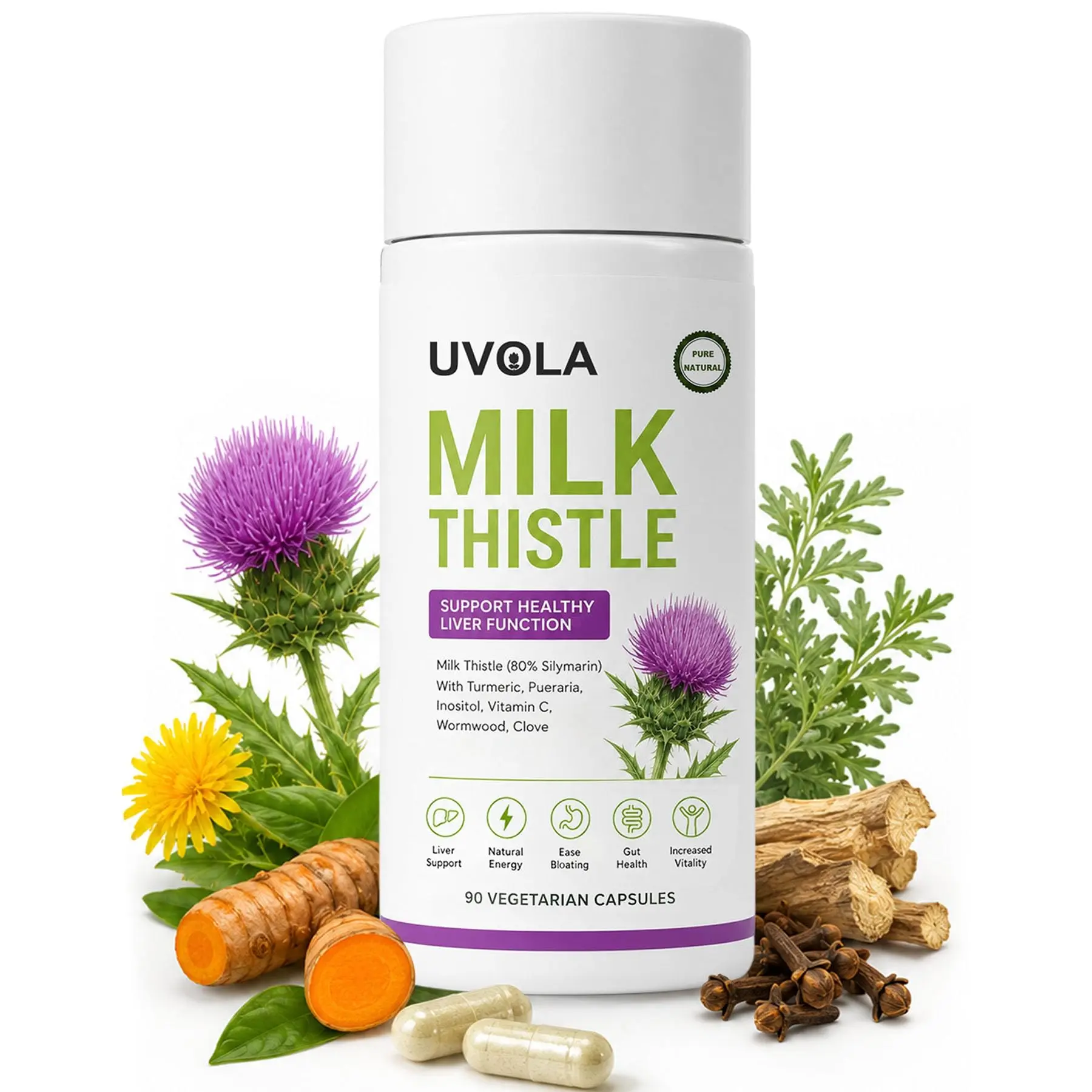 Uvola Milk Thistle Supplement, 80% Silymarin, Liver & Digestive Support, Bloating Relief, Antioxidant Support, 90 Capsules