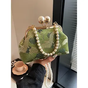 Women's Elegant Flower Print Evening Bag, Fashionable Pearl Decorated Crossbody Bag with Chain Strap, Exquisite Trendy Shoulder Bag for Party Decoration