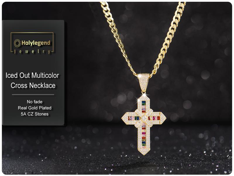 Holylegend 14K Real Gold Plated Multicolor & Green Cross Necklace for Women and Men, Tarnish-Free Iced Out Pendant with 5A CZ, Cuban and Rope Chain, Hip Hop Bling Jewelry Gift
