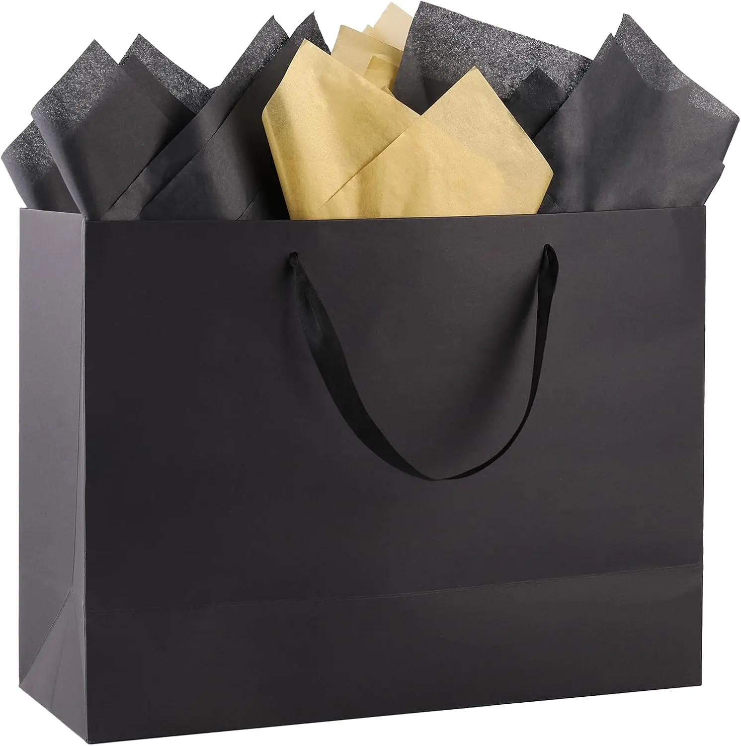 3-Pack Extra Large Solid Cardboard Black Gift Bags with Handles - 16x6x12in Gifting Supplies, Includes 9 Tissue Papers for Personalizable Men's Birthday, Wedding Occasions, Personalize