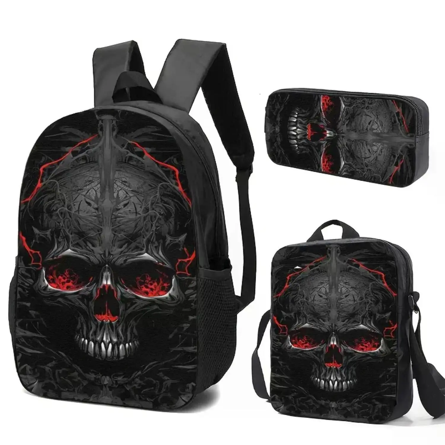Gothic Skull Backpack Set - 3PCS: Black & Red Skeleton School Bag, Lunch Bag & Pencil Case for Teens & Adults, Cool Halloween Travel Daypack, Casual Laptop Backpack, Perfect Back-to-School Gift