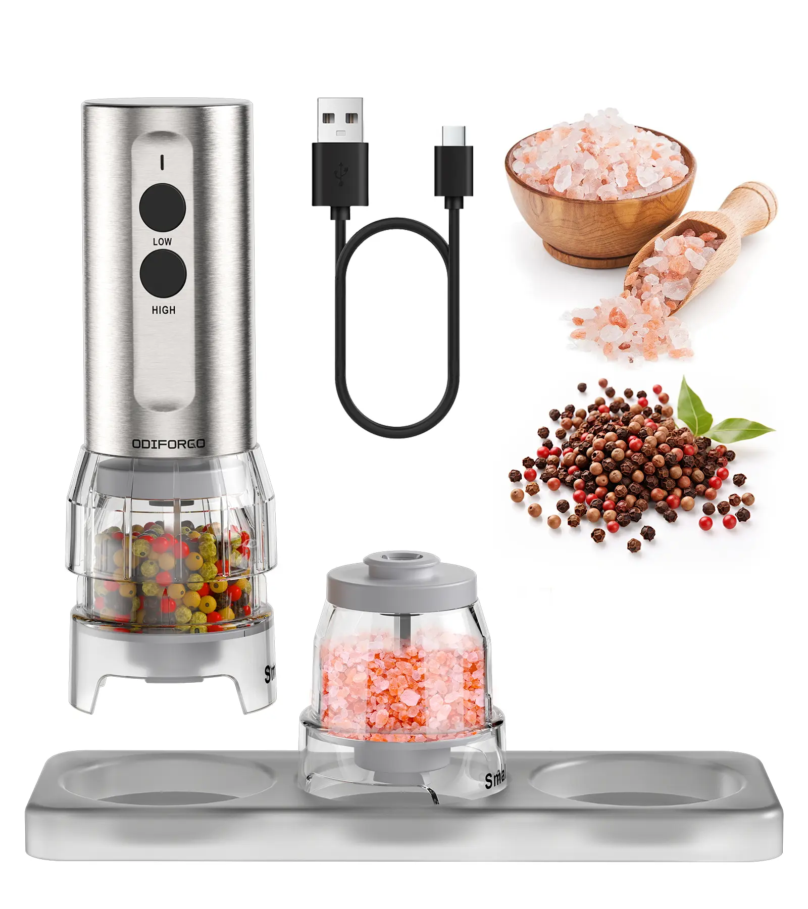 ODIFORGO electric Salt and Pepper Grinder Set - C-Type Rechargeable Automatic Grinder with 5 Adjustable Coarseness and LED Light, 3 Refillable Spice Jars, Housewarming Gift, Kitchen Essentials (Silver) summerwins