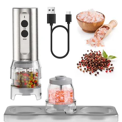 ODIFORGO Electric Salt and Pepper Grinder Set - C-Type Rechargeable Automatic Operation Tool with 5 Settings Coarseness, LED Light, 2 Refillable Spice Jars, Silver Finish, Sustainability Housewarming Gift for Spice Lovers