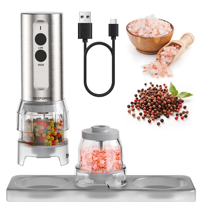 ODIFORGO Electric Salt and Pepper Grinder Set - C-Type Rechargeable Automatic Operation Tool with 5 Settings Coarseness, LED Light, 2 Refillable Spice Jars, Silver Finish, Sustainability Housewarming Gift for Spice Lovers