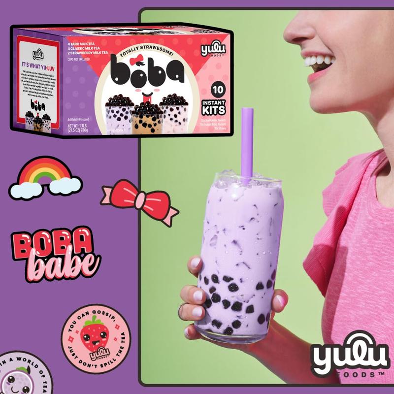 SALE - Boba Bundle Kit 10 Serv. Instant Bubble Pearl Variety Milk Tea Kit with Authentic Brown Sugar Tapioca Pearls by Yulu Foods - Ready in Under 1 Minute, Includes Paper Straws - Gift Box, Holiday (Classic, Taro and Strawberry)