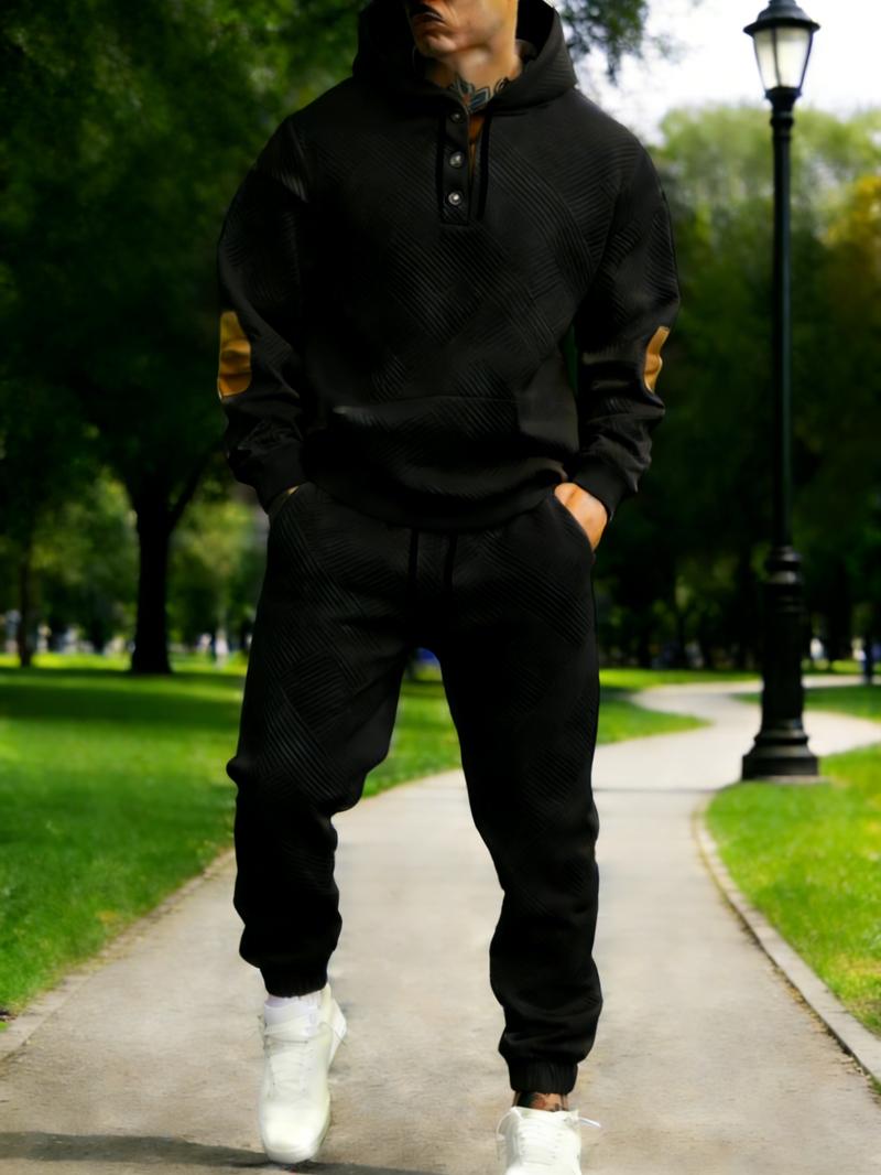 Men's two-piece textured hoodie tracksuit with a geometric pattern sweatshirt and contrasting elbow patches, casual street style, soft and comfortable 2026 fashion loungewear