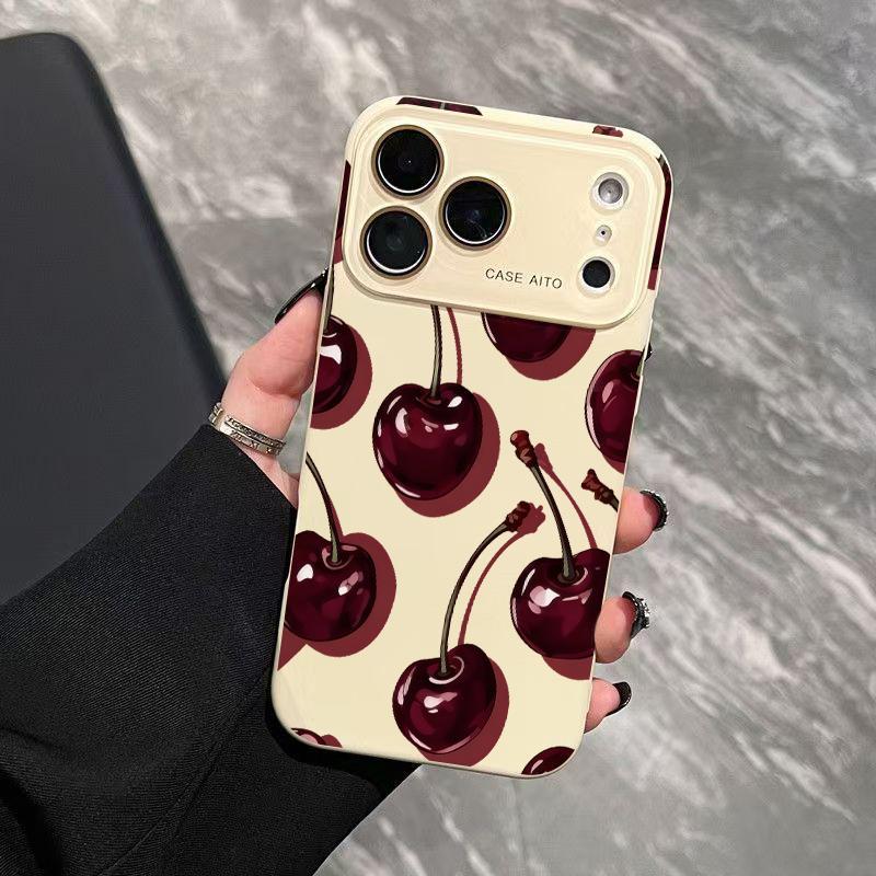 Low-Saturation Retro Red Cherry Pattern Dopamine Ins Style Solid Color Phone Case Ultra Skin Friendly Touch All Inclusive Lens Compatible with Apple iPhone 17 Air 16 15 14 13 12 Por Max