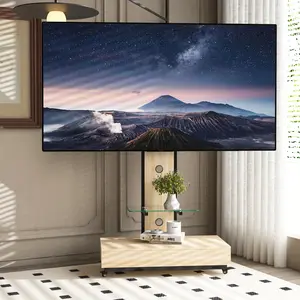 Mobile TV Cart with Push-Pull Drawer for 32-75 Inch TVs, Adjustable Height TV Stand with Wheels for Living Room Bedroom Office, Natural/Black/White