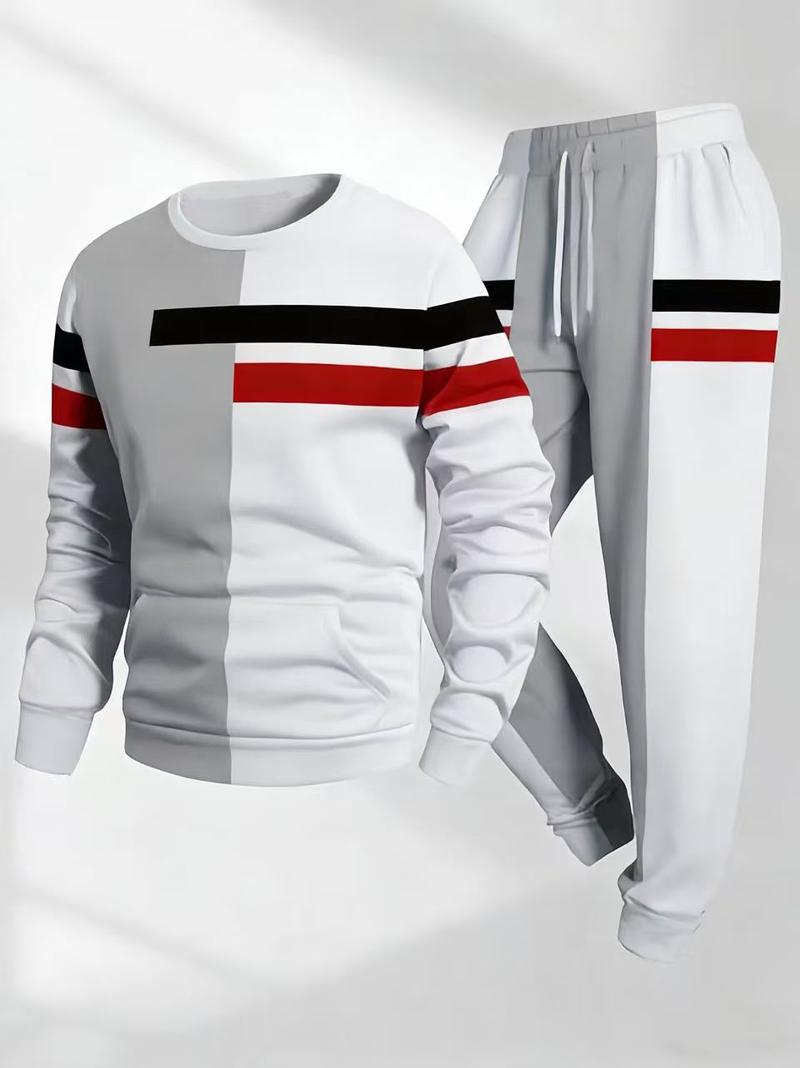 2026 Fashion Street-Style Men's Two-Tone Sportswear Set, Two-Piece Crewneck Long-Sleeve Sweatshirt and Jogger Pants, White/Grey with Black and Red Stripe Design, Casual Everyday Homewear, Soft and Comfortable Activewear