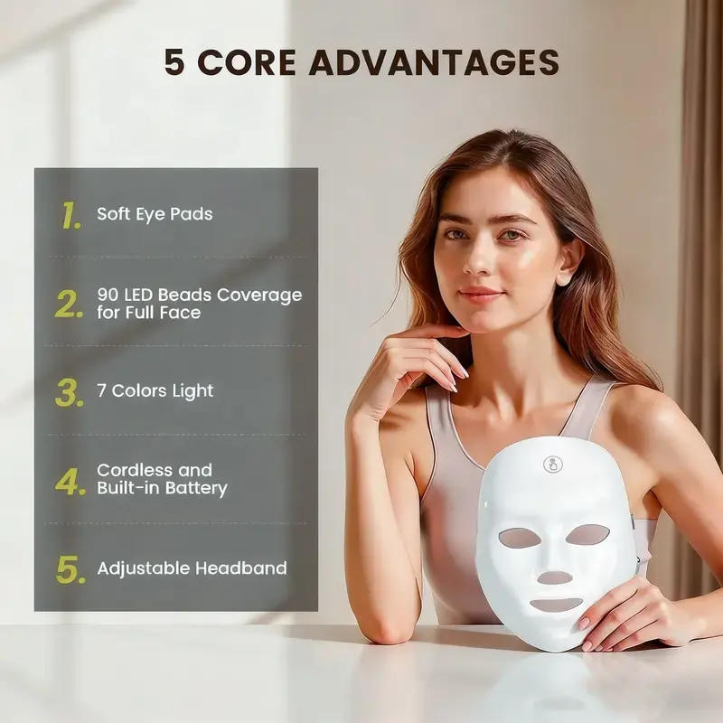7-Color LED Facial Mask for Skin Brightening, At-Home Face Lifting Beauty Tool with 90 LED Coverage, Self-Care Skincare Gift