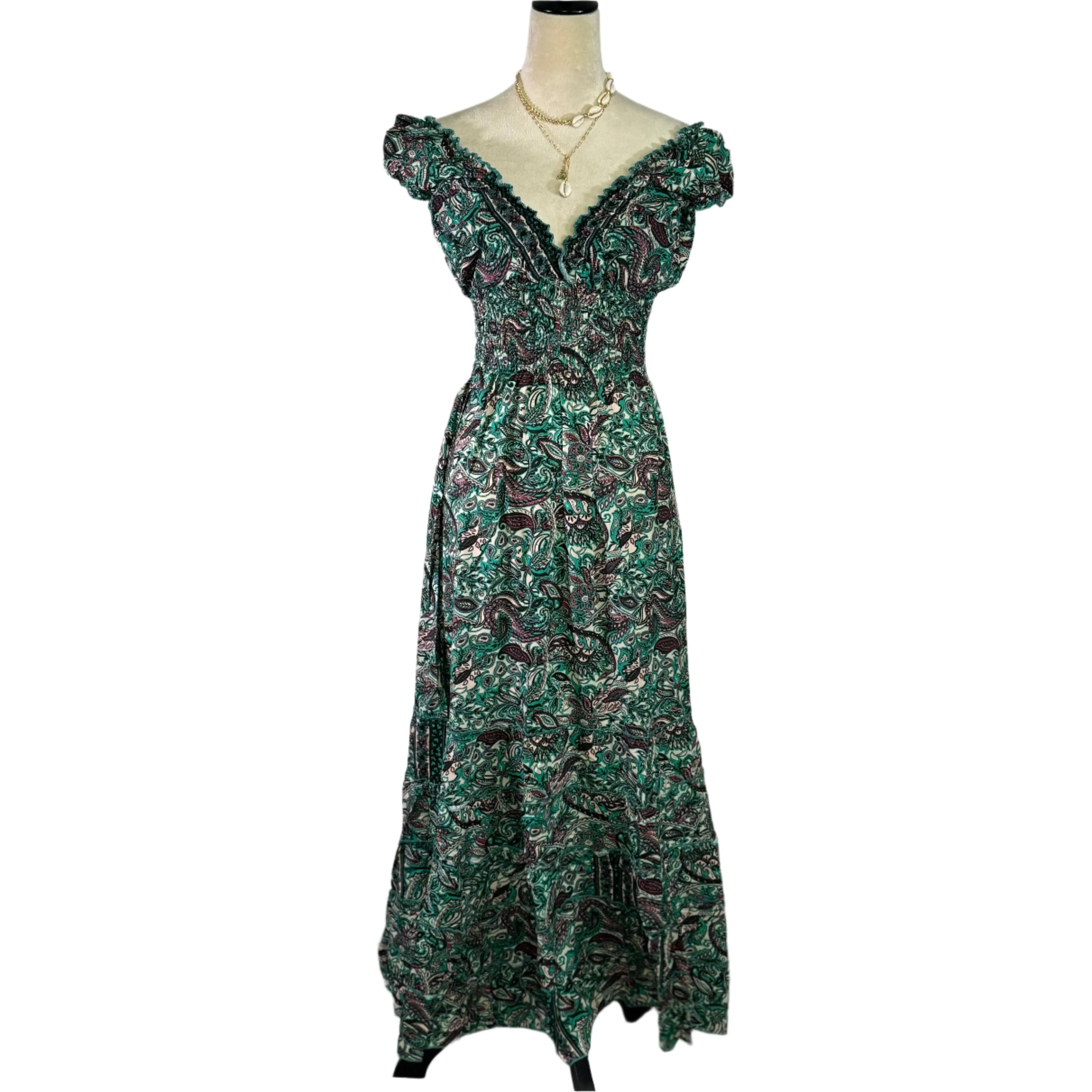 Peasant Print Long Dress - Casual Polyester Womenswear with Short Sleeves, V-Neckline, and Gathered Waist for Versatile Wear
