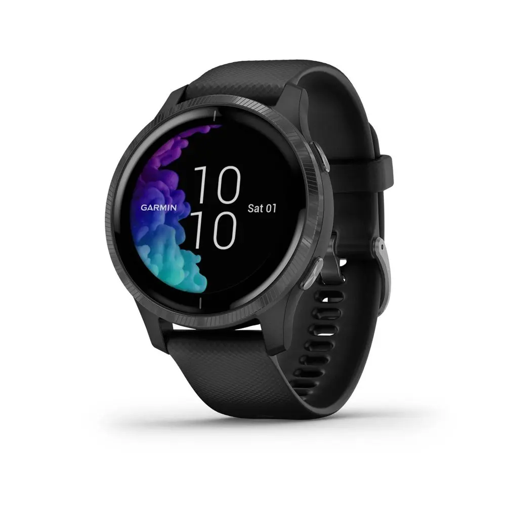 Garmin Venu Smart Watch - Black with Slate Stainless Steel Plastic Hardware, Wearable Fitness Monitor with Calorie Tracker, Calendar Function, Bright AMOLED High-Definition Screen, Swimming Compatibility, Playlists Support Android Bluetooth, Music Player