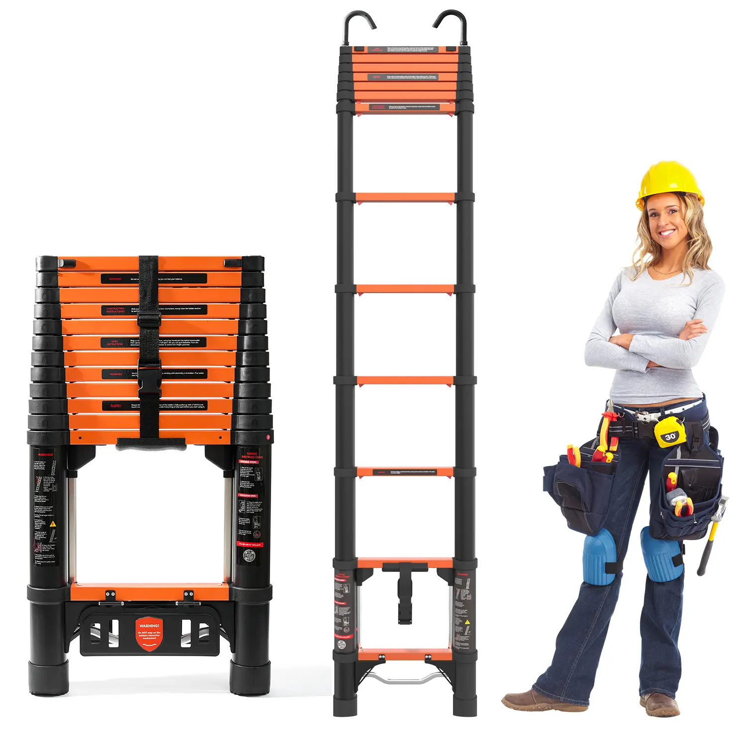 12.5FT Telescoping Aluminum Extension Ladder, 1-Step Fold Compact Pack, 330lbs Max Load Orange, Both Indoor/Outdoor Use for RV/Home, Extended Reach Capability