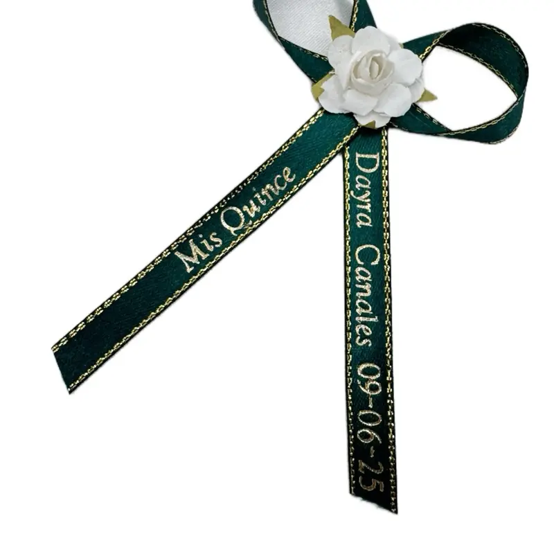 Personalized Fabric Ribbons with White Rose Accent, Text Print, 22 Characters per Tail - Office Stationery Gift, Event Decor, Quinceanera Supplies for Baptism Celebrations (Add Personalization), Custom