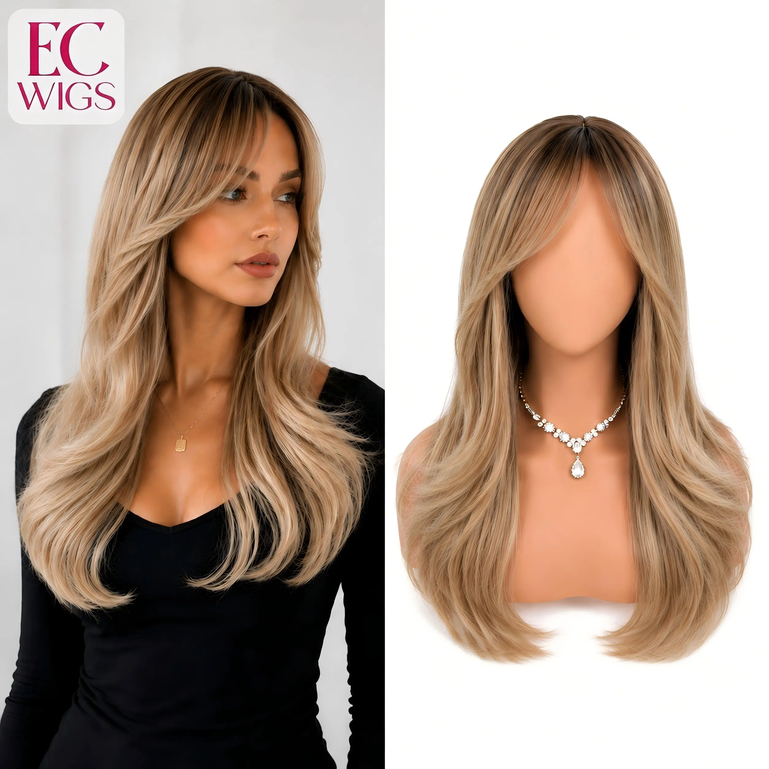 EC Wigs MANDA Women's 22-Inch Highlight Mix Blonde with Dark Roots Synthetic Material Wig, Body Curl with Bangs, Soft Fluffy Natural Look, Snug Fit, Machine Made Wigs, Synthetic Material Wigs Snug Fit Wig Straight Layered Wigs