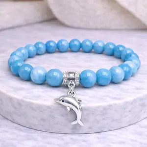 Ocean Blue Larimar Stone Dolphin Charm Bracelet 8mm Natural Crystal Beads for Healing & Communication Handmade Healing Energy Jewelry