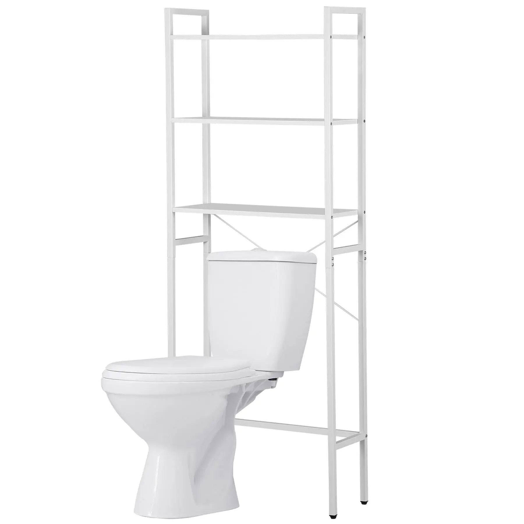 Segawe MDF Wood Over-the-Toilet Bathroom Organizer Rack Set - 3-Tier Shelves, X-Shaped Stability, Tank-Fit Legs, Metal Leg Support, Large Capacity White Home Decor Bathroom Organizing Accessory (Fits Behind Toilet Tank), Over-Toilet