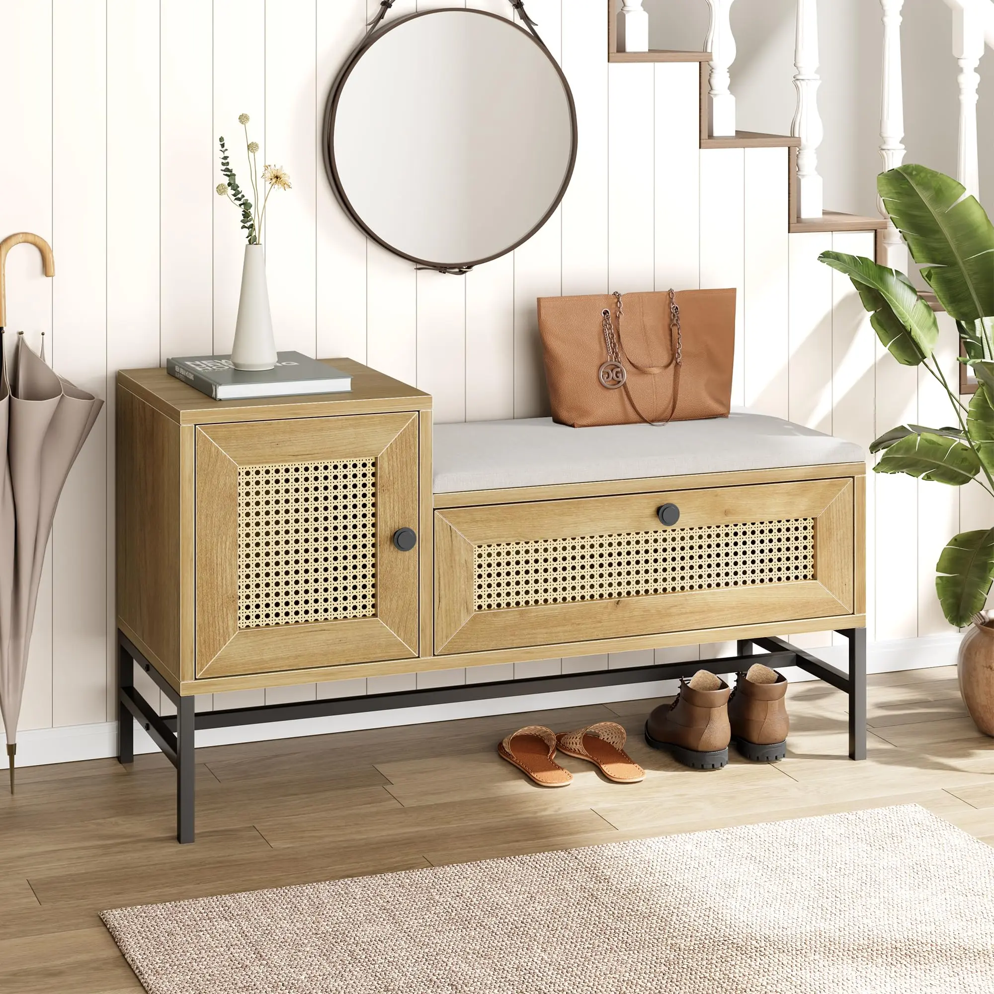 Garvee Natural Oak Wooden Rattan Bench with Linen Seat Cushion, Entryway Storage Closet Bench, Multi-functional Hallway and Bedroom Storage Solution