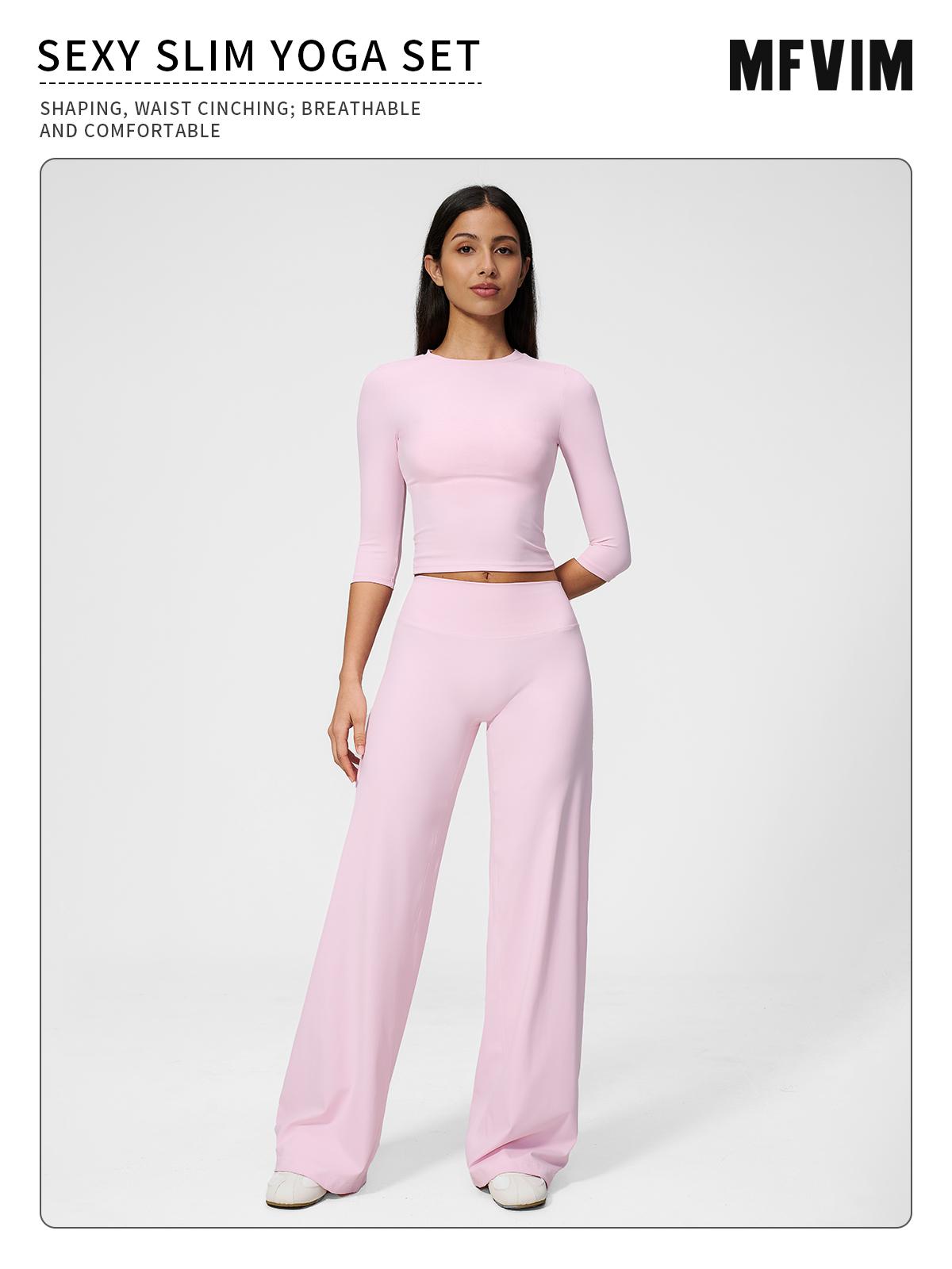 MFVIM Women's 2-Piece Solid Sports Set, Loose Fit Long Sleeve Top & High-Waisted Rolled-Waist Pants Casual Wear Activewear for Yoga, Solid Sports Sets, Outdoor Yoga Suit, Matching Gym Set,back to school,back to school haul