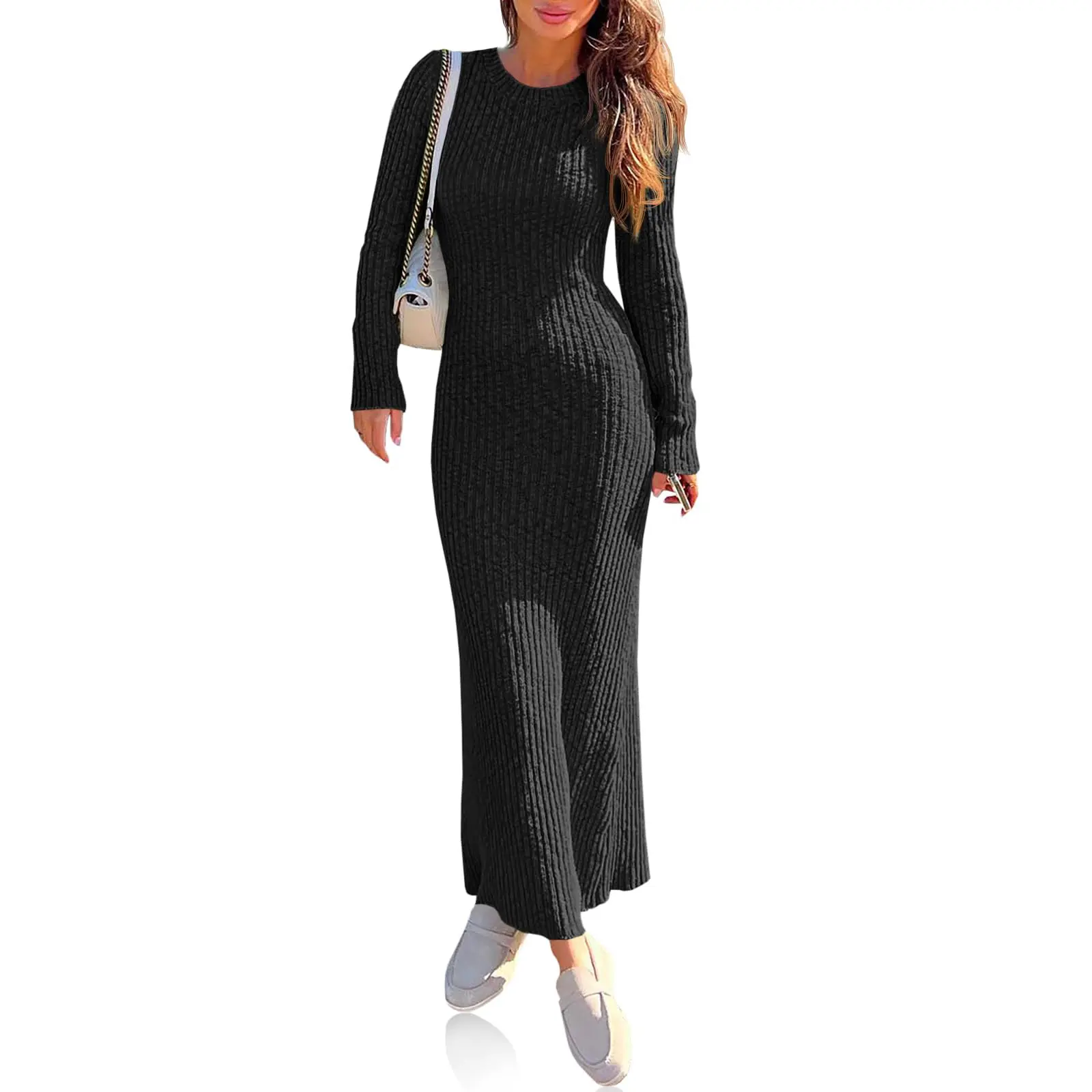 Wenrine Women's Sweater Maxi Dress Long Sleeve Knit Ribbed Crew Neck Slim Fit Casaul Fall Long Dresses