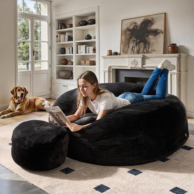 【Jumpstart Sale】Ovios Large 59" W Bean Bag Chair with Ottoman for Adults, Comfy Boneless Round Couch with Foam Filling and Plush Cover, O Shaped Fluffy Sofa Bed for Bedroom College Dorm