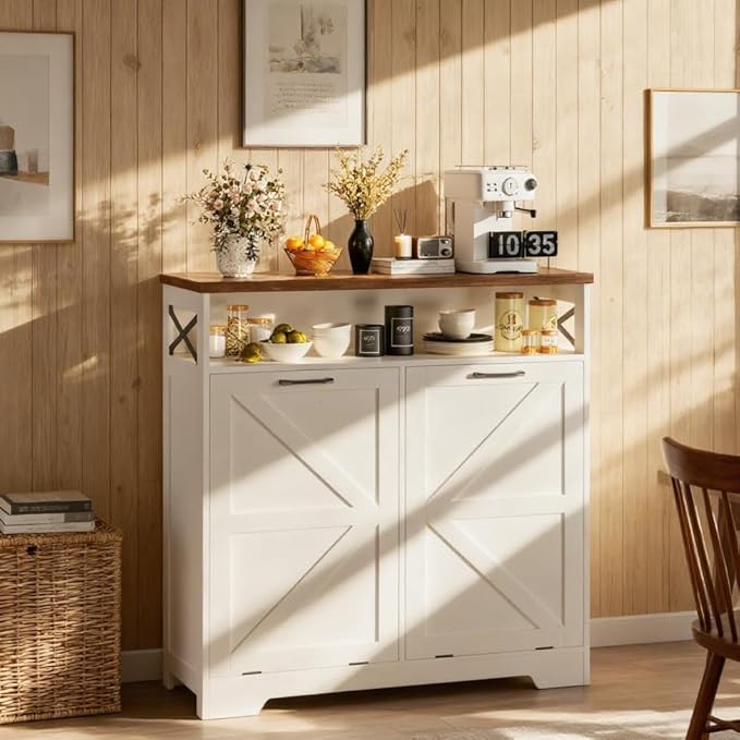 [tiktokshopbacktoschool] Vabches Wooden Tilt-Out Trash Can Cabinet for 13 Gal Bin, Barn/Cottage Style Hidden Multi-Purpose Kitchen Furniture with Adjustable Shelf, Dog-Proof Organizer (White, Dorm Essentials Home Decor)