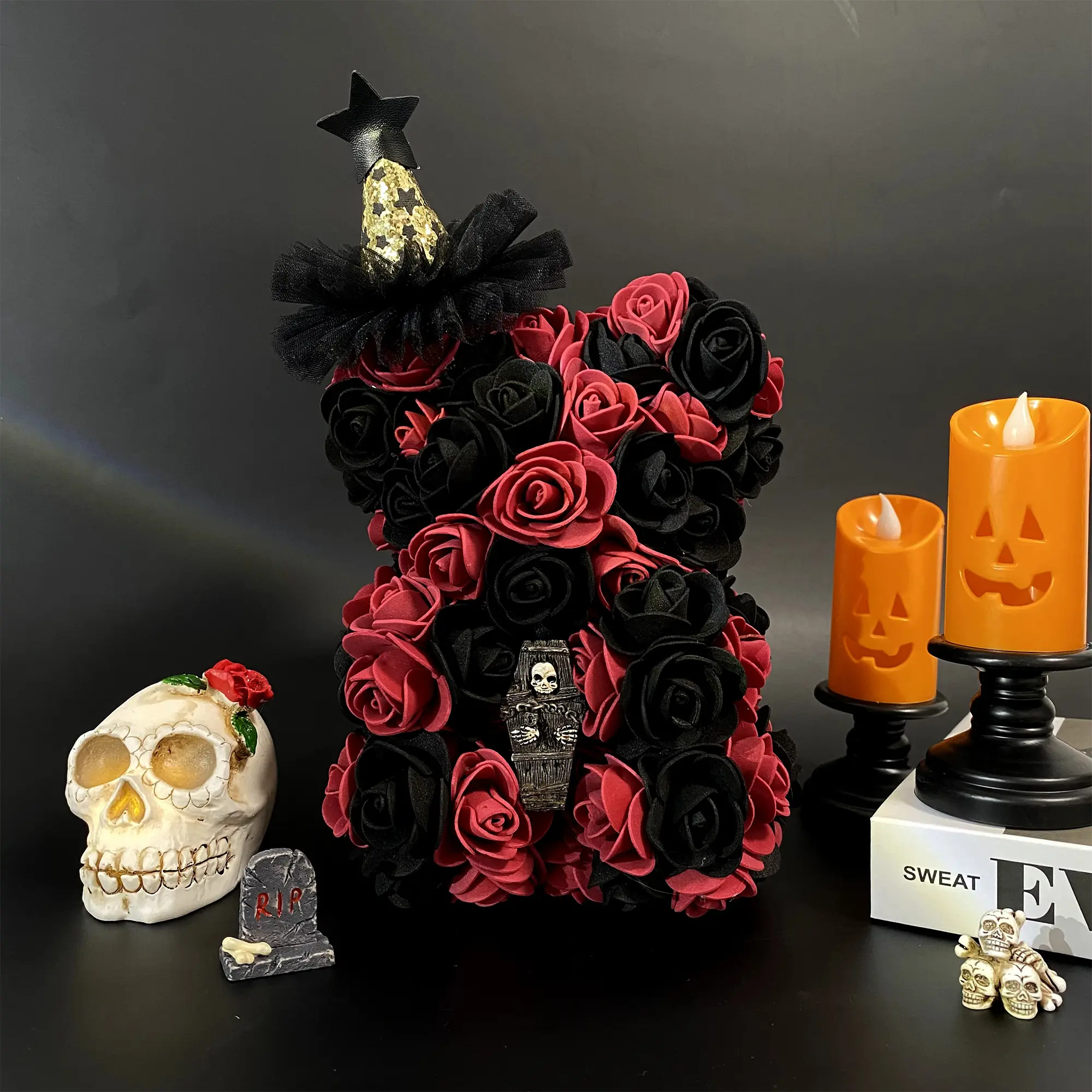 1pc DIY Halloween Themed Handmade Faux Rose Hugging Bear, Bat, Pumpkin, Faux Flowers, Decorative Faux Flower, Bouquet Decoration DIY Artificial Flower Bear, Gift for Halloween Surprise, Valentine's Day, Wedding Decor, Home Decoration