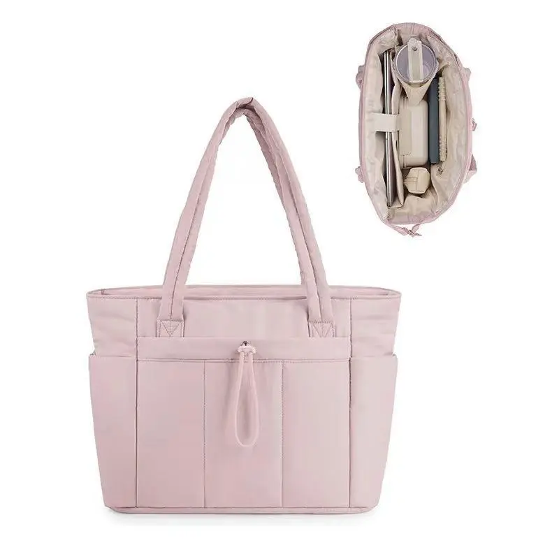 Insulated Puffer Tote Bag with Cup Holder & Laptop Compartment & Trolley Sleeve for Travel, Work, Nurse, Women