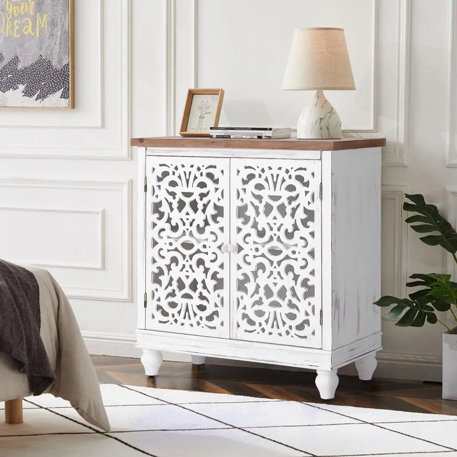 PHI VILLA Accent Cabinet with Doors Hollow-Carved Farmhouse Antique Cabinet for Entryway Living Room Storage, 25 kg+ Capacity, White Finish Furniture Springtok Design Minimal