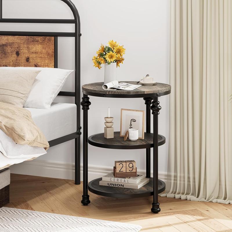 Round 3-Tier End Table with Storage, Rustic Farmhouse Side Table with Metal Column Legs, Dark Oak Accent Table for Living Room Bedroom, Industrial Style Nightstand, Easy Assembly