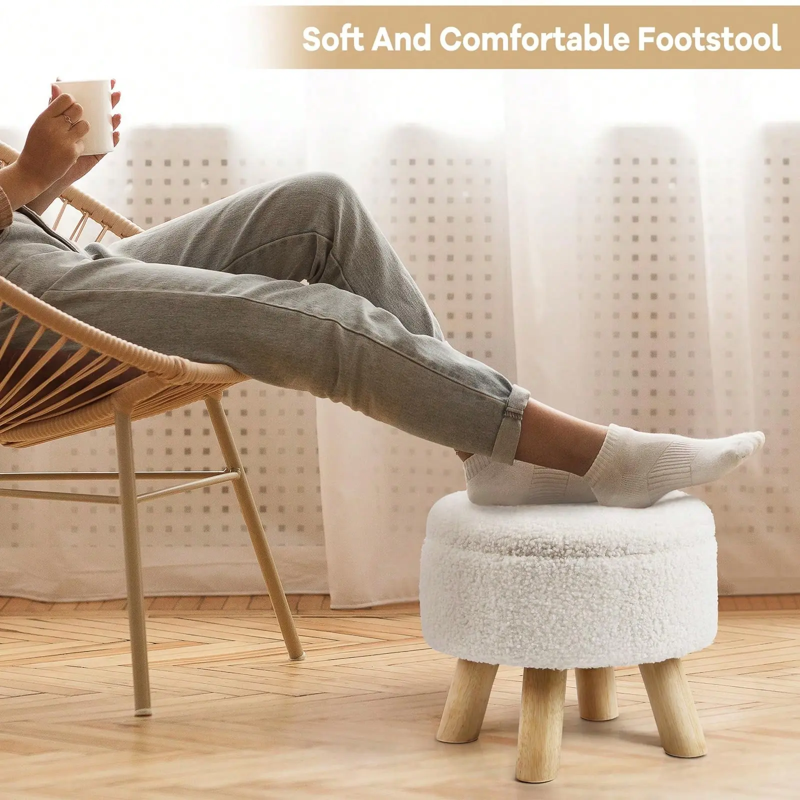 Round Storage Ottoman with Soft Padded Seat, Teddy Velvet Footstool with Wood Legs, Accent Ottoman for Living Room & Entryway, Beige