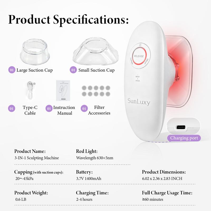 SunLuxy 3-in-1 Red Light Therapy & Cupping Suction Machine for Relaxation, Skin Rejuvenation, and Facial Firming – Perfect Valentine’s Day Gift – 3 Power Levels, Ergonomic Design, Type-C Charging
